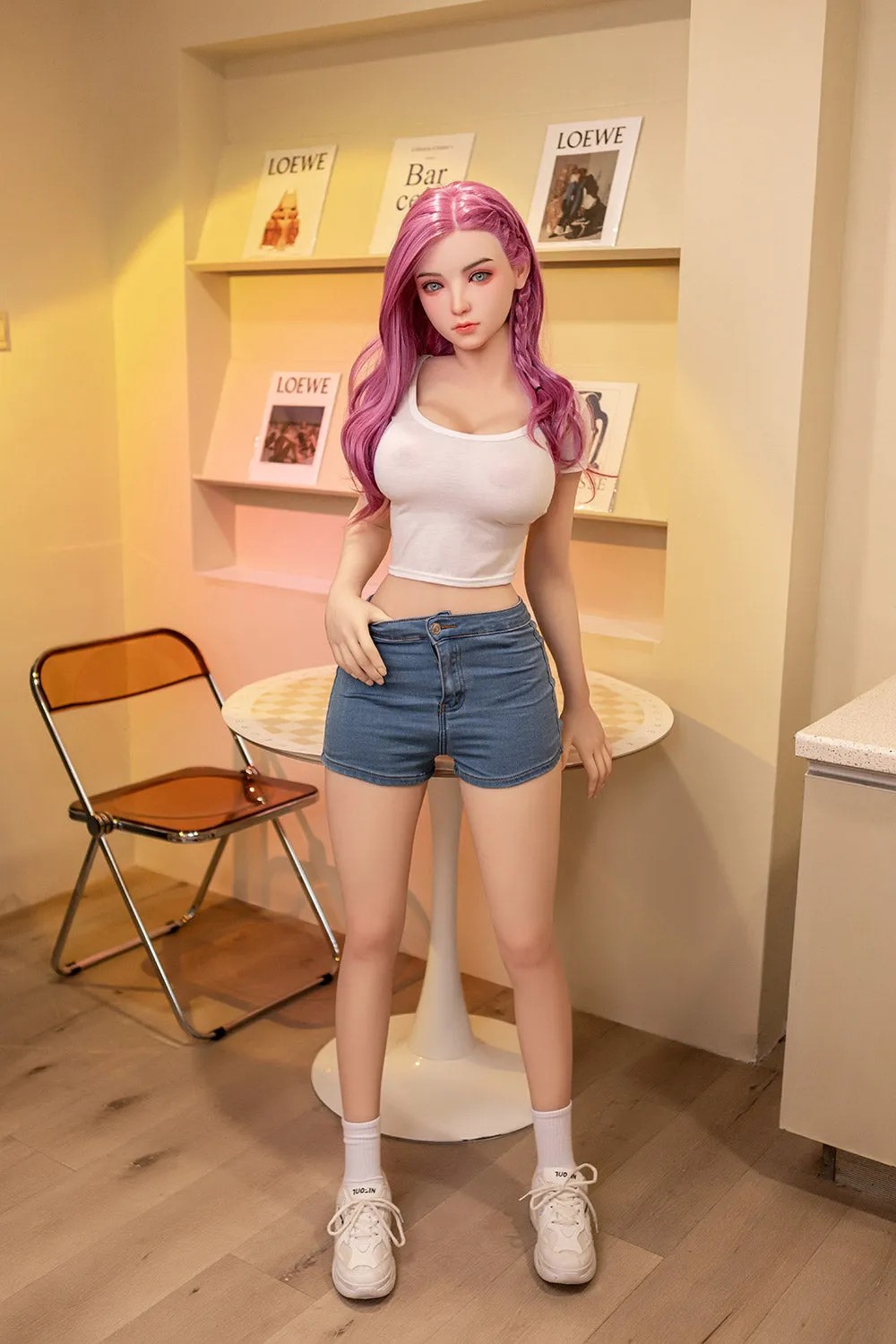 135cm/53in & 140cm/55in & 148cm/58in & 157cm/62in TPE Realistic Sex Doll With Pink Long Hair, White Crop Top & Denim Shorts