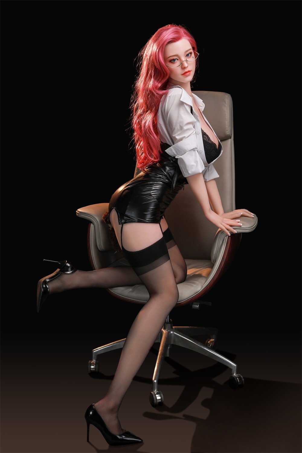 157cm/62in TPE Realistic Sex Doll With Pink Hair, White Blouse & Black Leather Skirt – Model MXG-157B