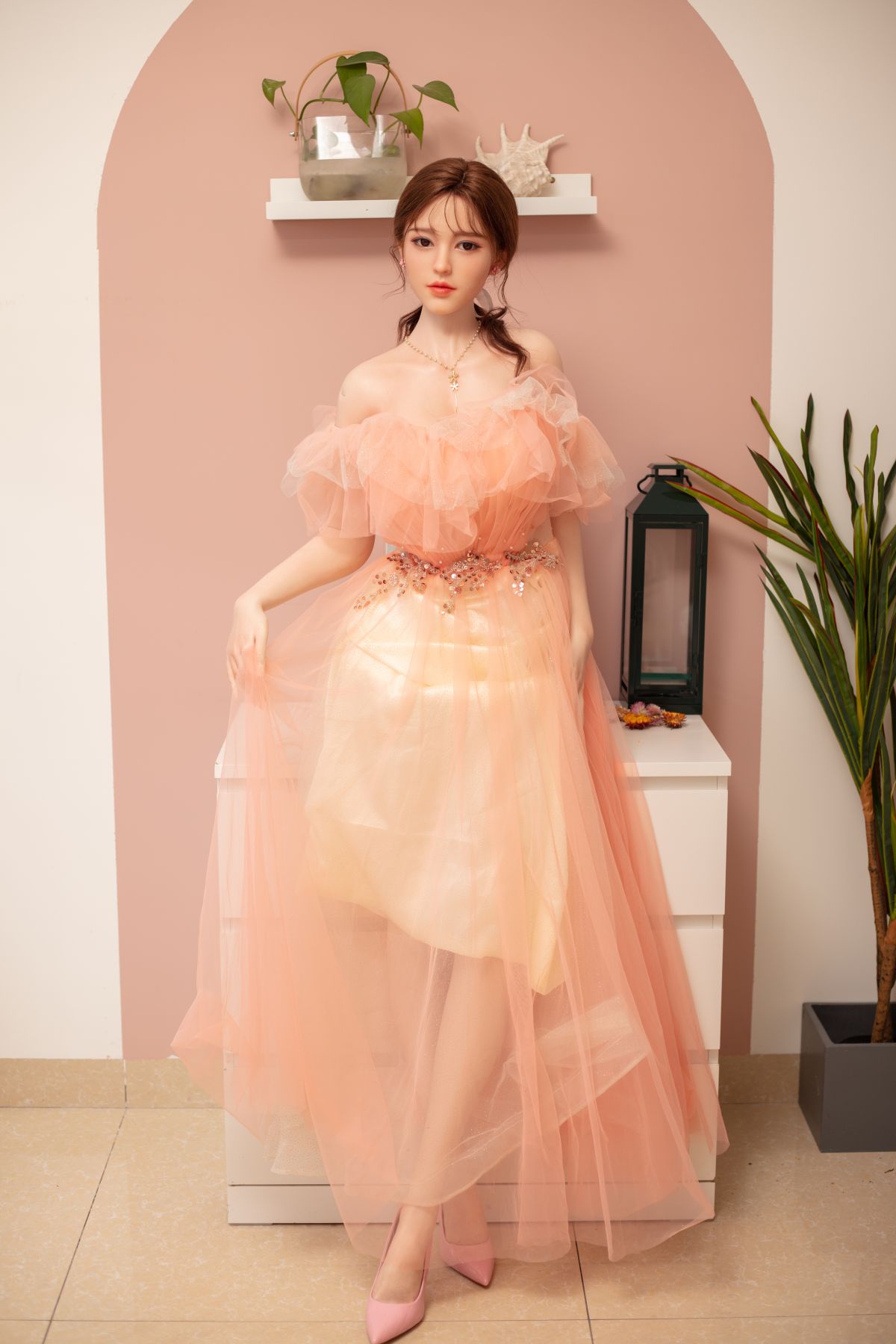 157cm/62in TPE Realistic Sex Doll With Brown Hair, Peach Off-Shoulder Tulle Gown – Model MXG-157B