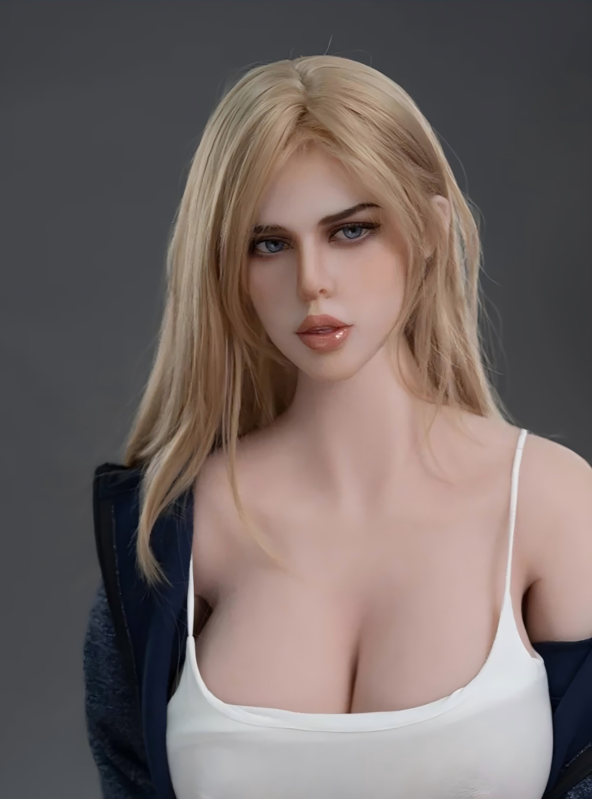 161cm/63.4in TPE Realistic Sex Doll with Tan Skin, 96-56-103 Curvy Figure – Chubby Style in White Cami, Denim Shorts & Navy Jacket
