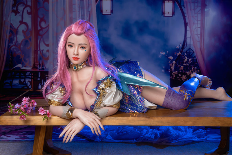 157cm/62in TPE Realistic Sex Doll With Pink Hair, Blue & White Cosplay Dress & Thigh-High Boots – Model MXG-157B