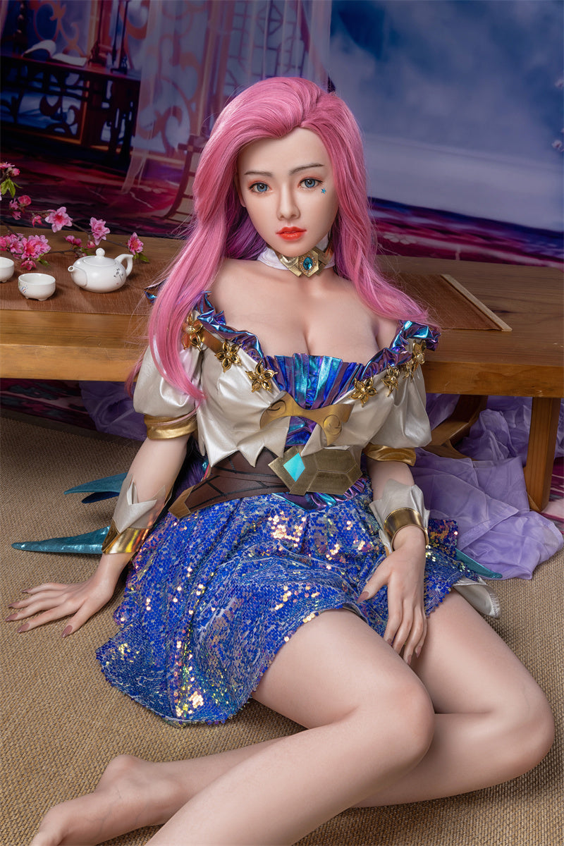 157cm/62in TPE Realistic Sex Doll With Pink Hair, Blue & White Cosplay Dress & Thigh-High Boots – Model MXG-157B
