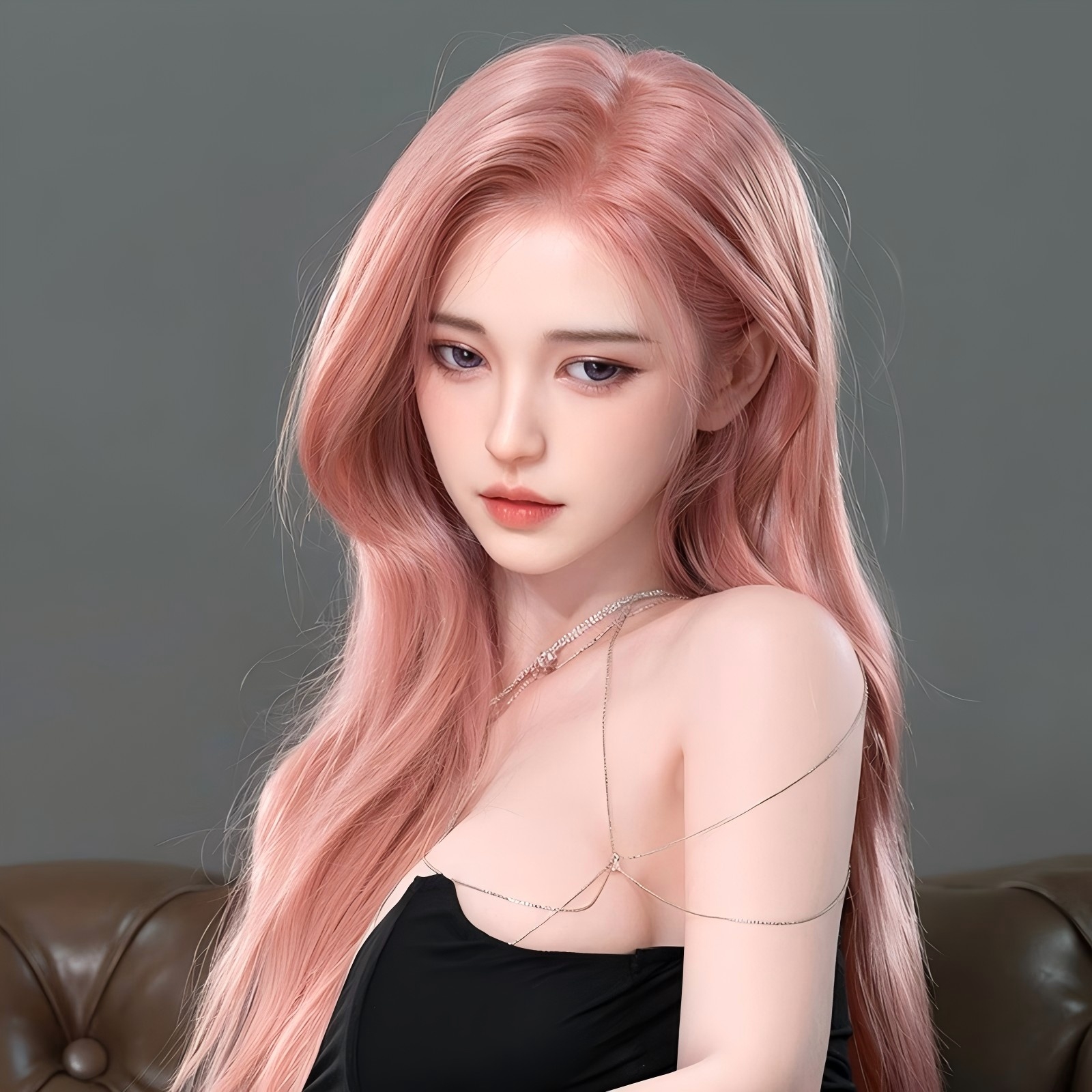 157cm/62in TPE Realistic Sex Doll With Pink Hair, Black Bodycon Dress & Choker Necklace – Model MXG-157B