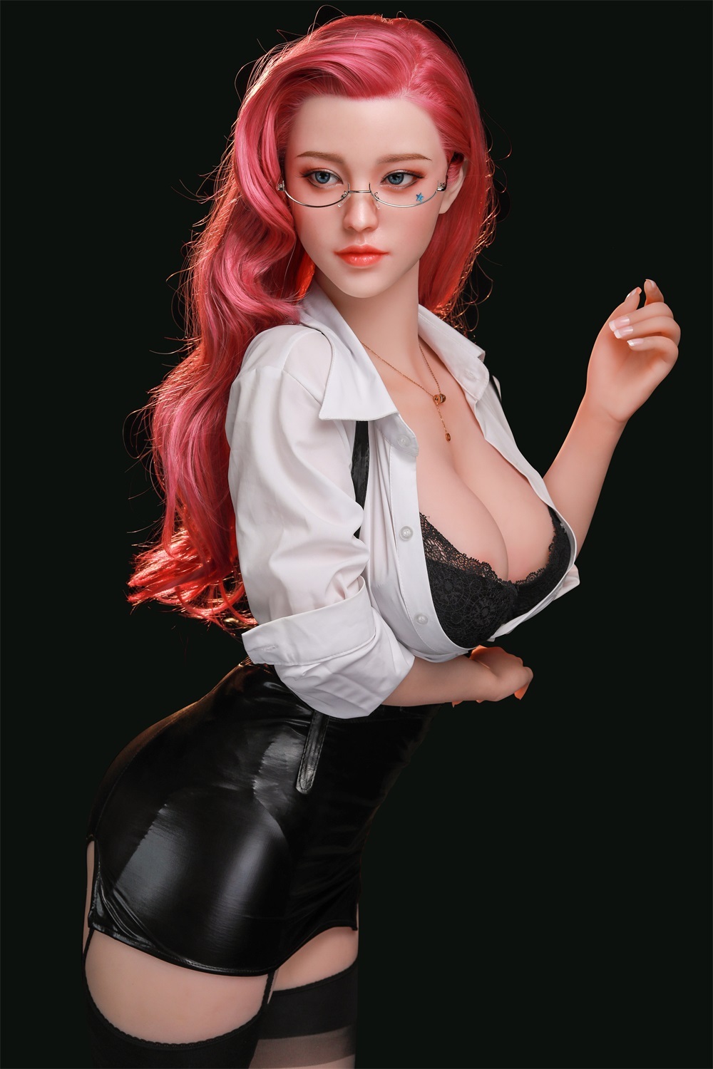 157cm/62in TPE Realistic Sex Doll With Pink Hair, White Blouse & Black Leather Skirt – Model MXG-157B