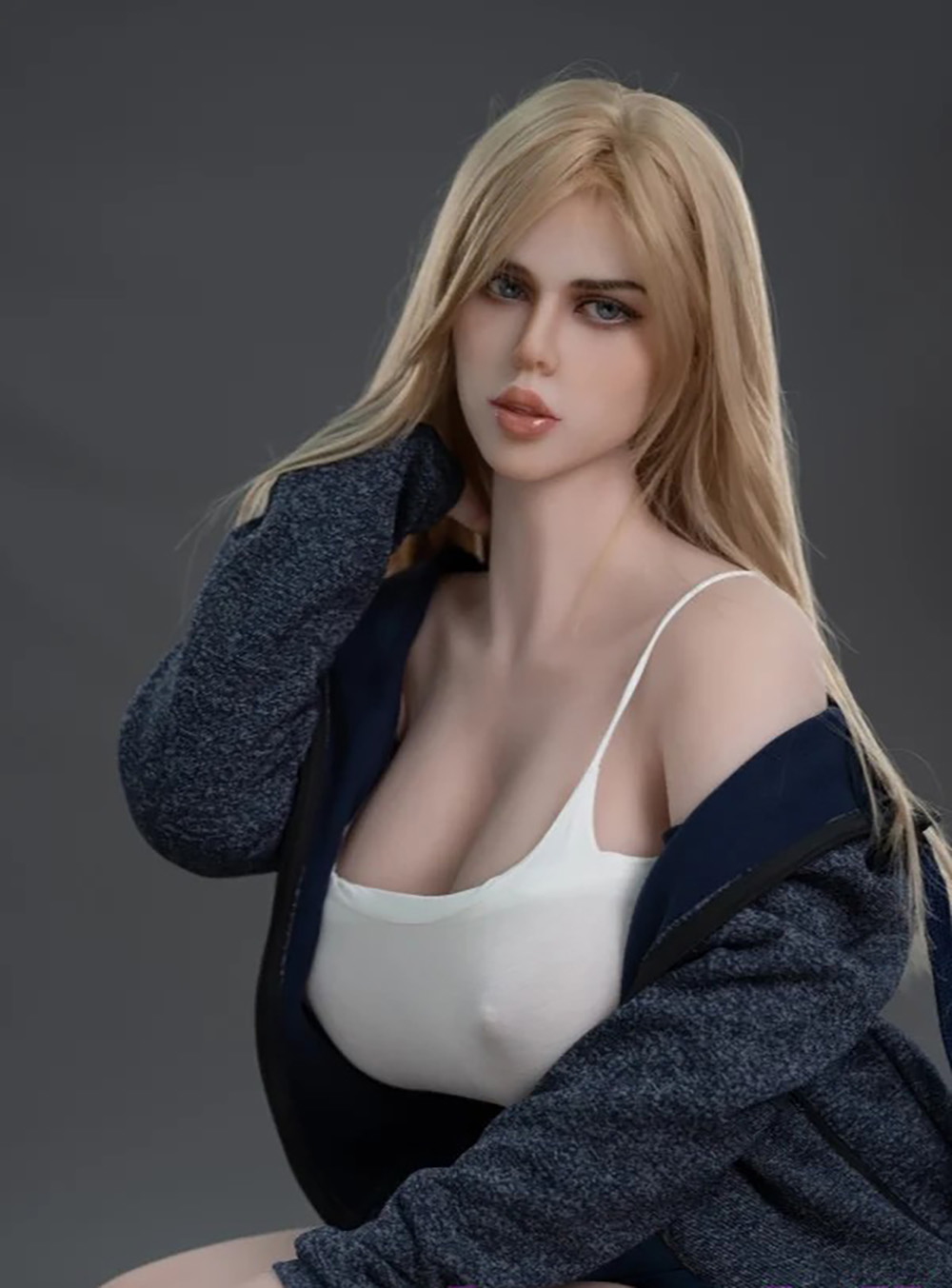 161cm/63.4in TPE Realistic Sex Doll with Tan Skin, 96-56-103 Curvy Figure – Chubby Style in White Cami, Denim Shorts & Navy Jacket