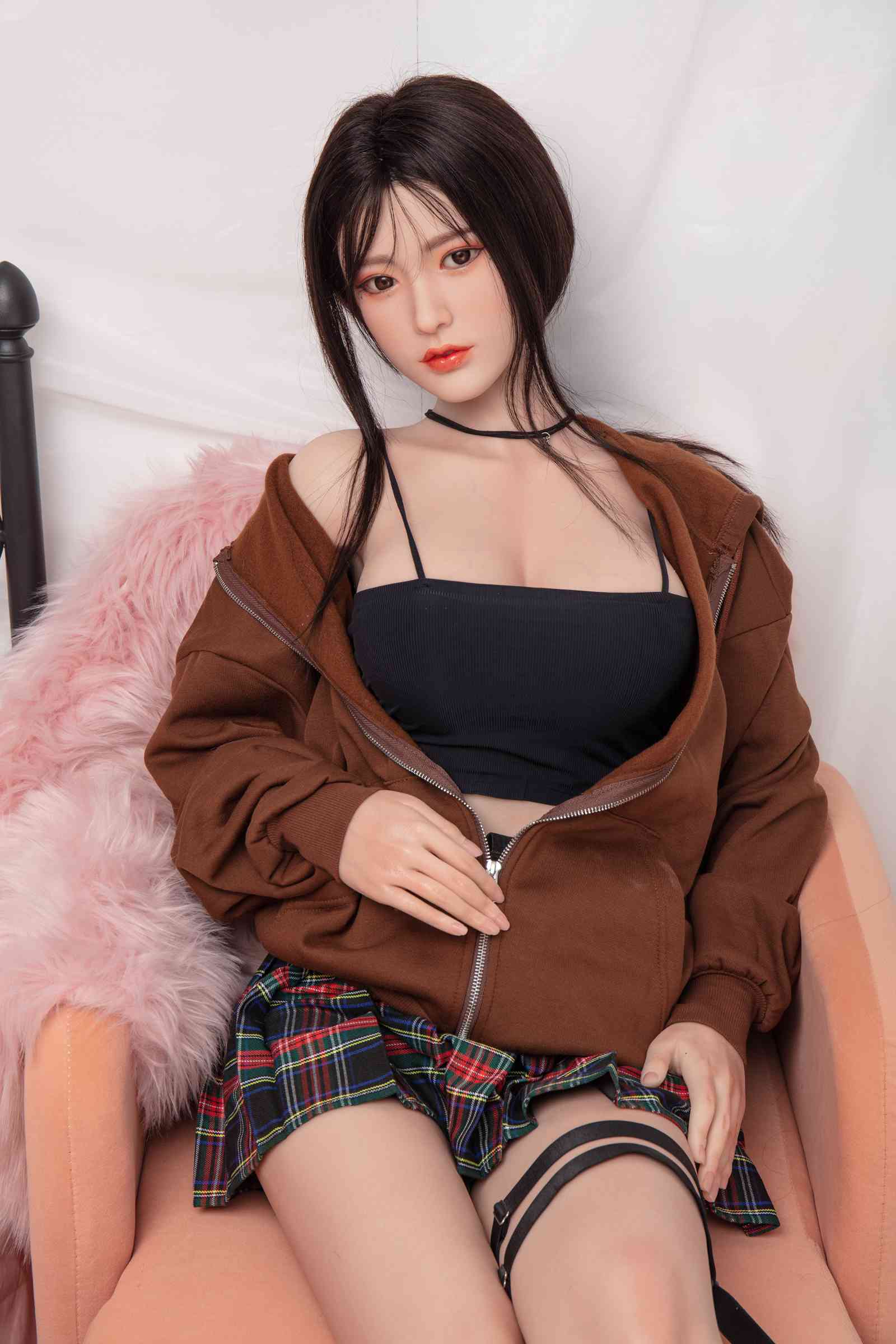 157cm/62in TPE Realistic Sex Doll With Asymmetric Black Hair, Brown Hoodie & Plaid Skirt Street Style – Model MXG-157B