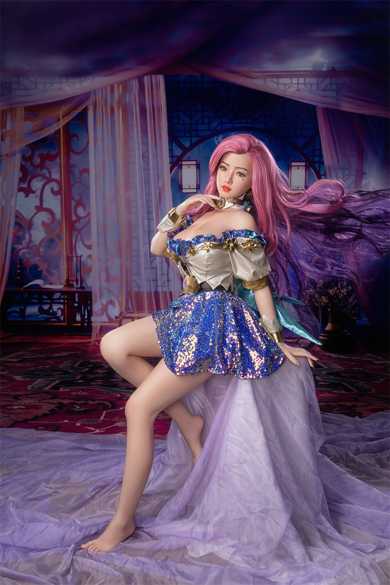 157cm/62in TPE Realistic Sex Doll With Pink Hair, Blue & White Cosplay Dress & Thigh-High Boots – Model MXG-157B