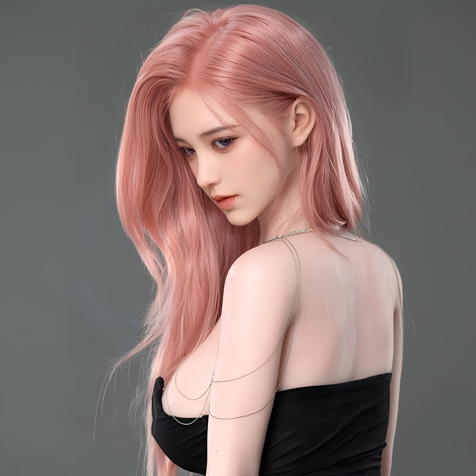 157cm/62in TPE Realistic Sex Doll With Pink Hair, Black Bodycon Dress & Choker Necklace – Model MXG-157B