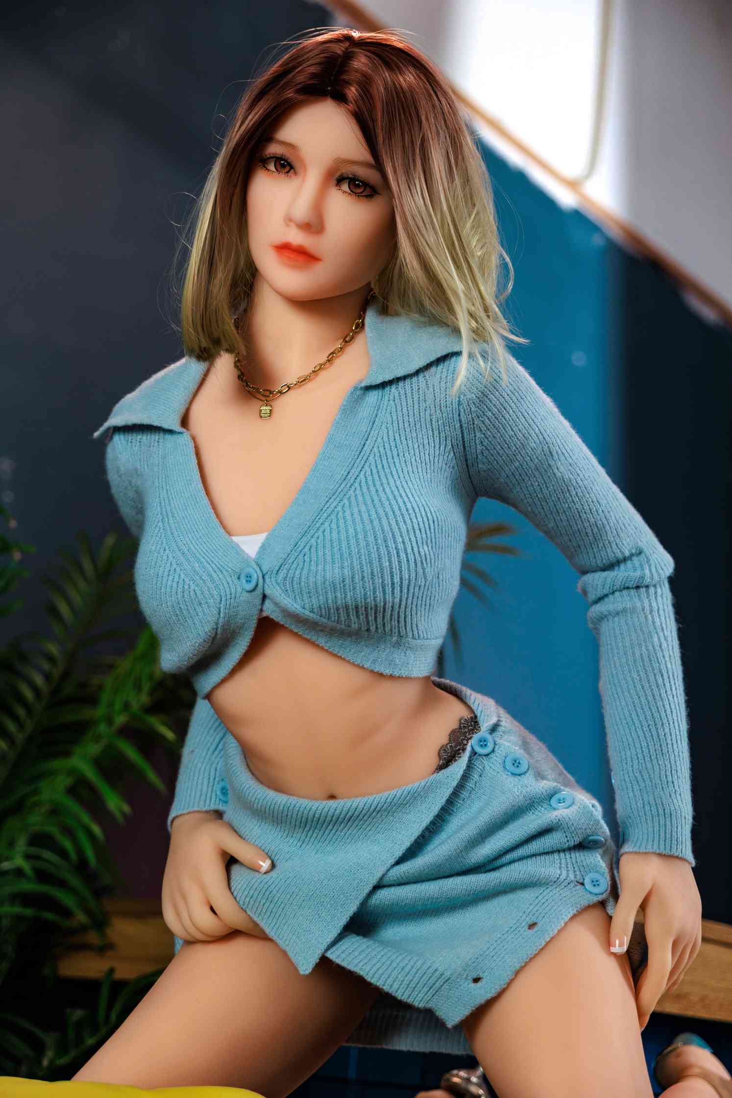 158cm/62in TPE Realistic Sex Doll with White Skin, 71-49-82 Slim Figure, Jelly Breast & Standable – Ombre Hair Knit Set Model