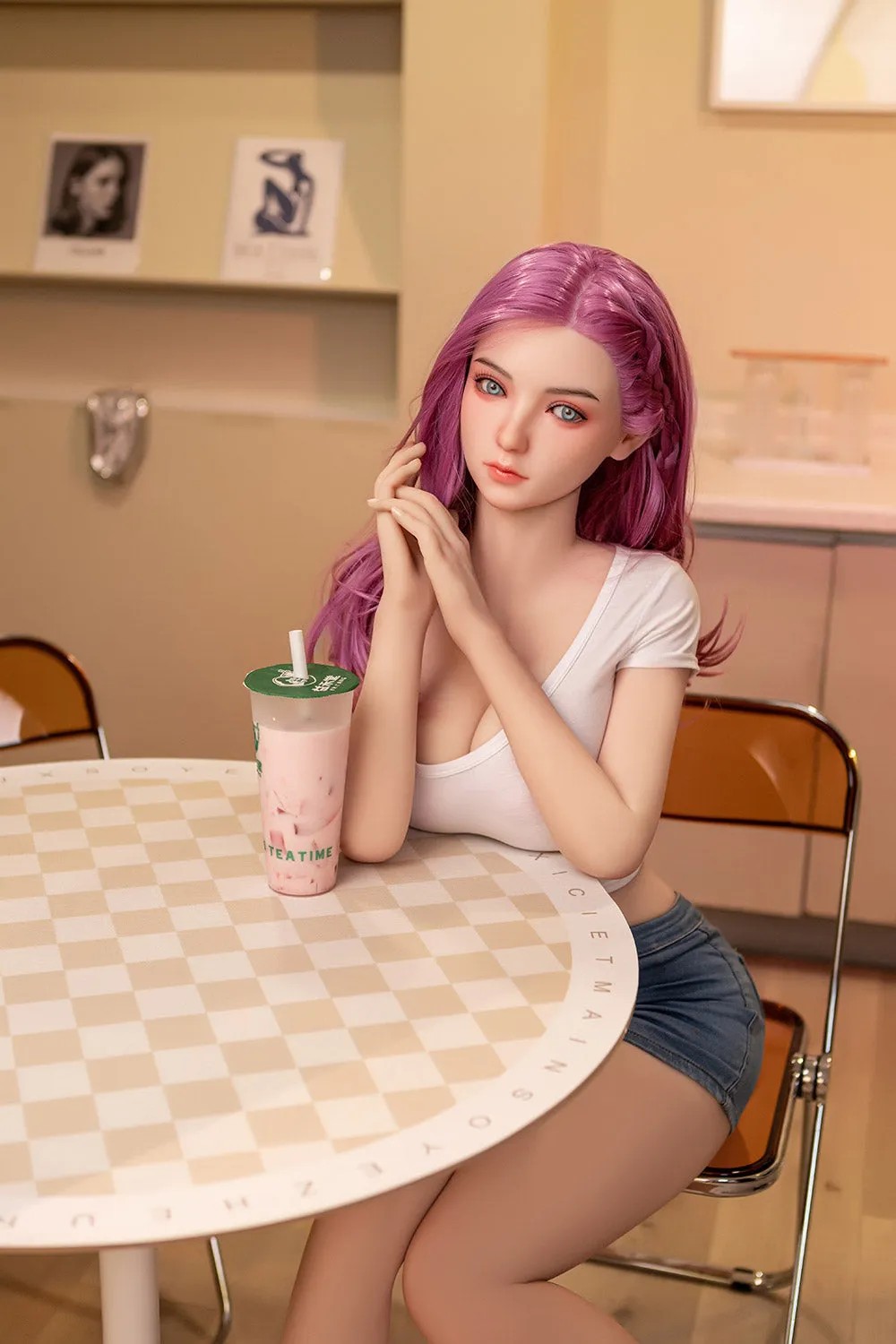 135cm/53in & 140cm/55in & 148cm/58in & 157cm/62in TPE Realistic Sex Doll With Pink Long Hair, White Crop Top & Denim Shorts