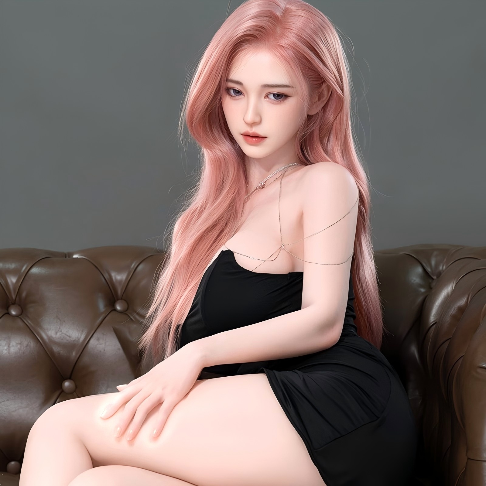 157cm/62in TPE Realistic Sex Doll With Pink Hair, Black Bodycon Dress & Choker Necklace – Model MXG-157B